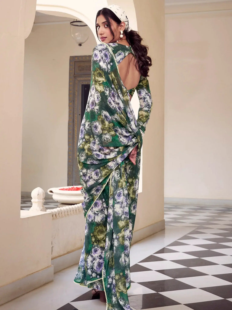 Alluring Green Floral Printed Georgette Office Wear Saree With Blouse