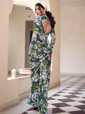 Alluring Green Floral Printed Georgette Office Wear Saree With Blouse