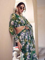 Alluring Green Floral Printed Georgette Office Wear Saree With Blouse
