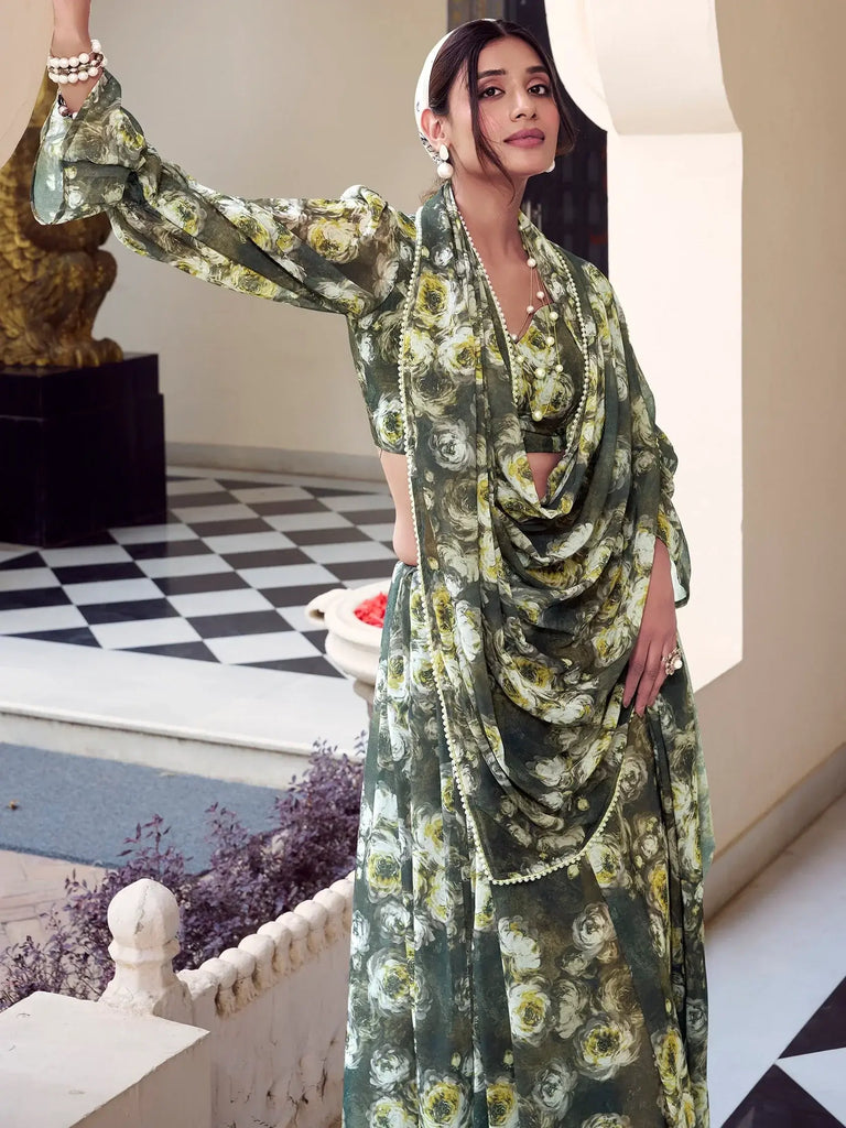 Enchanting Mehendi Green Floral Printed Georgette Casual Wear Saree