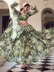 Enchanting Mehendi Green Floral Printed Georgette Casual Wear Saree