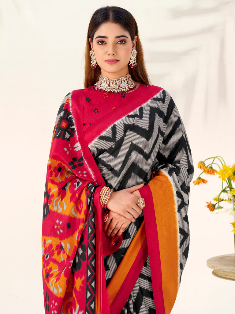 Graceful Black Printed Silk Office Wear Saree With Blouse