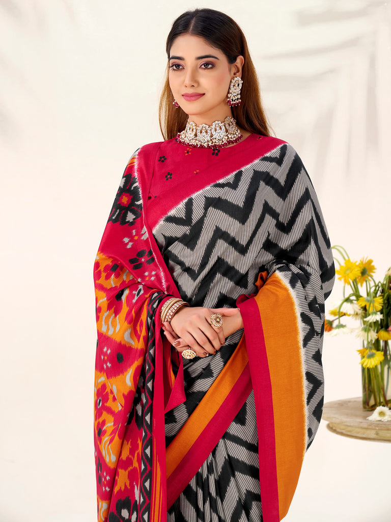 Graceful Black Printed Silk Office Wear Saree With Blouse