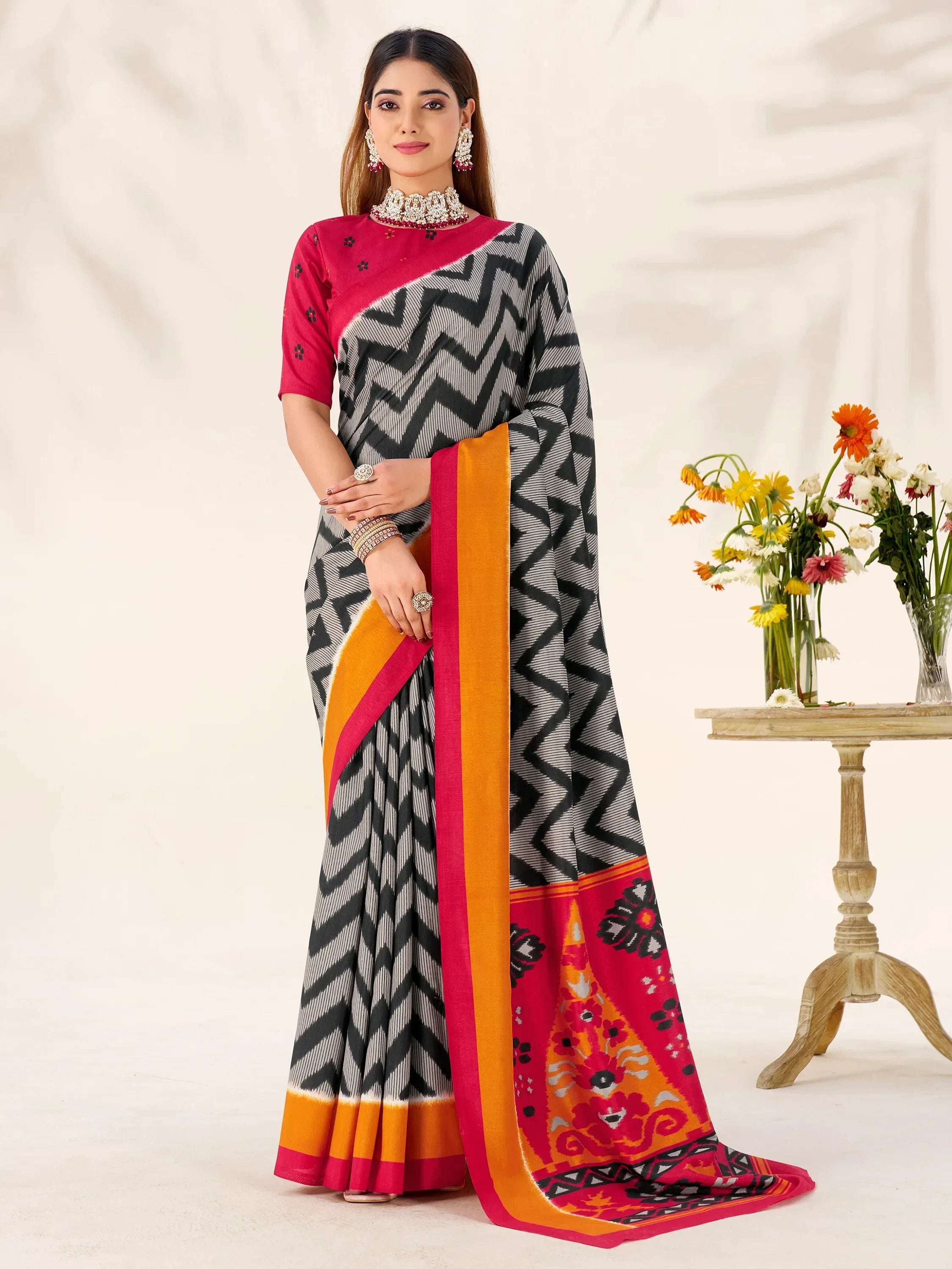 Graceful Black Printed Silk Office Wear Saree With Blouse