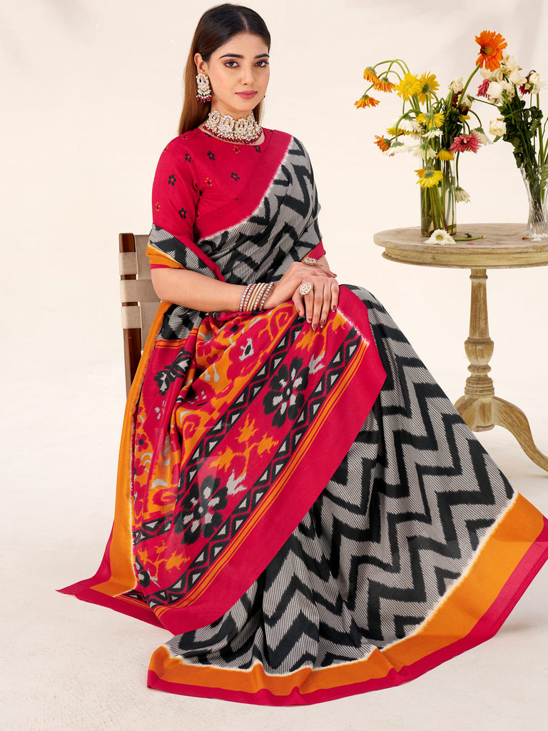 Graceful Black Printed Silk Office Wear Saree With Blouse