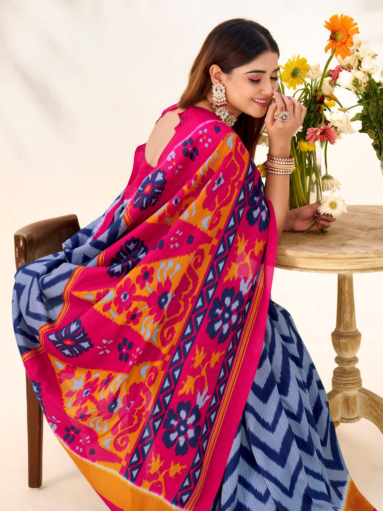 Glowing Blue Printed Silk Casual Wear Saree With Blouse