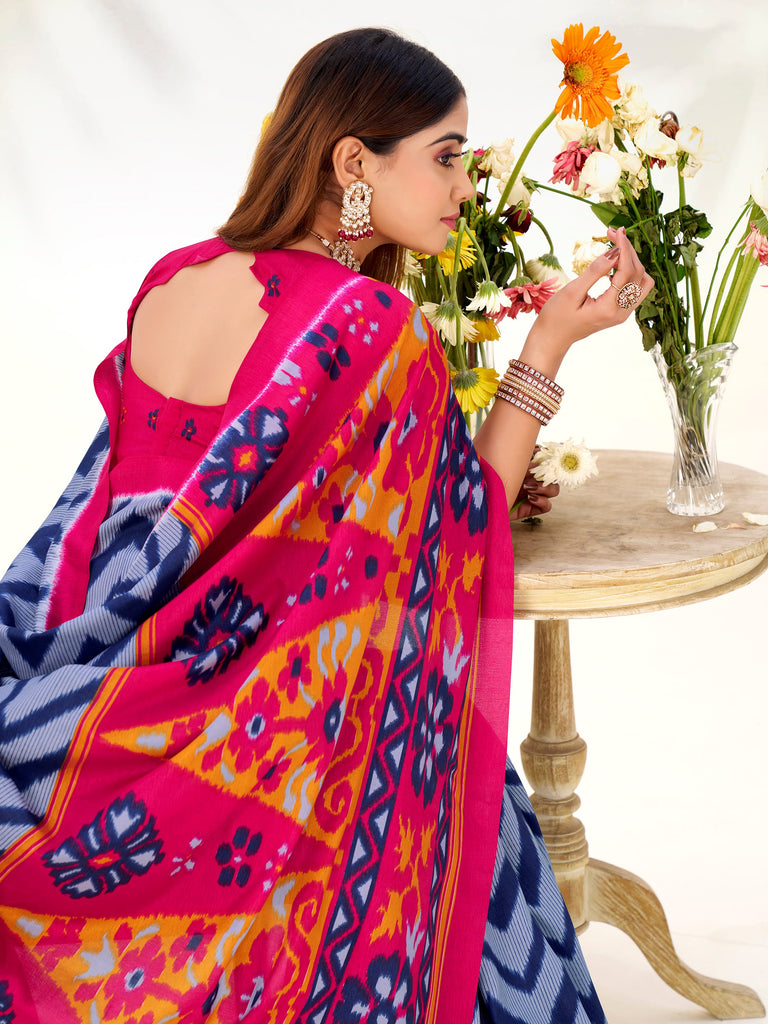 Glowing Blue Printed Silk Casual Wear Saree With Blouse