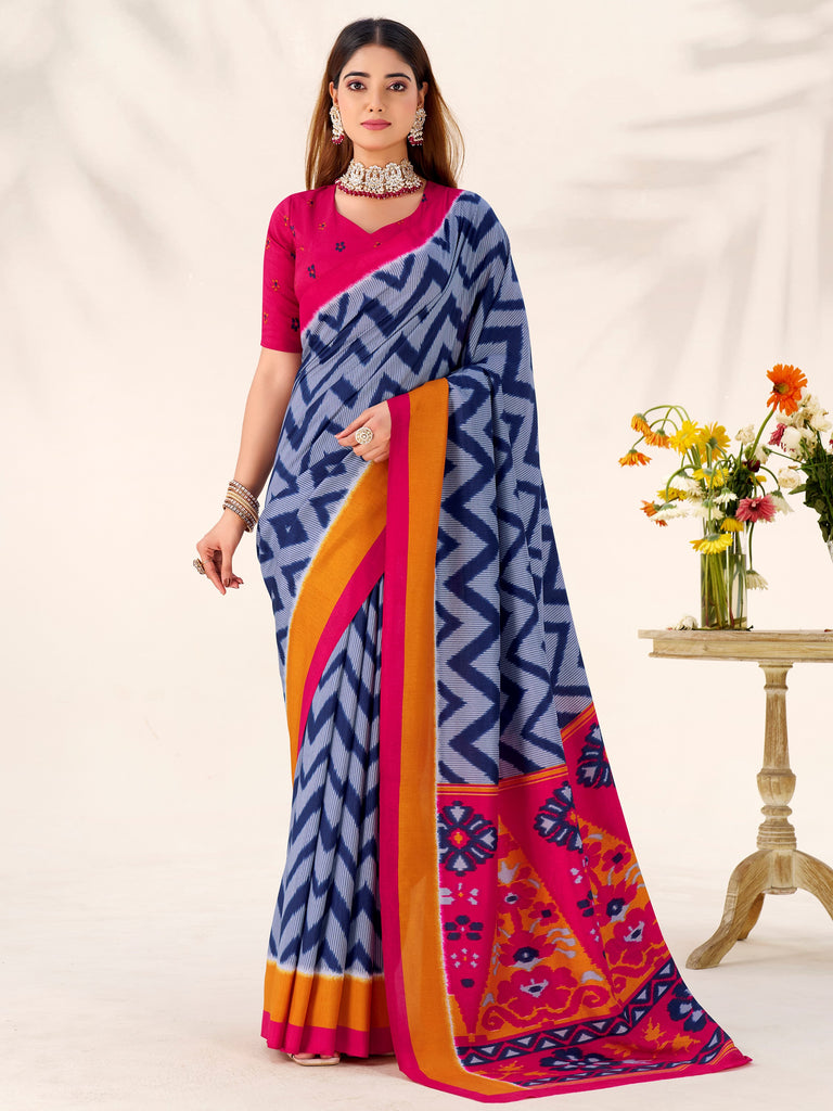 Glowing Blue Printed Silk Casual Wear Saree With Blouse