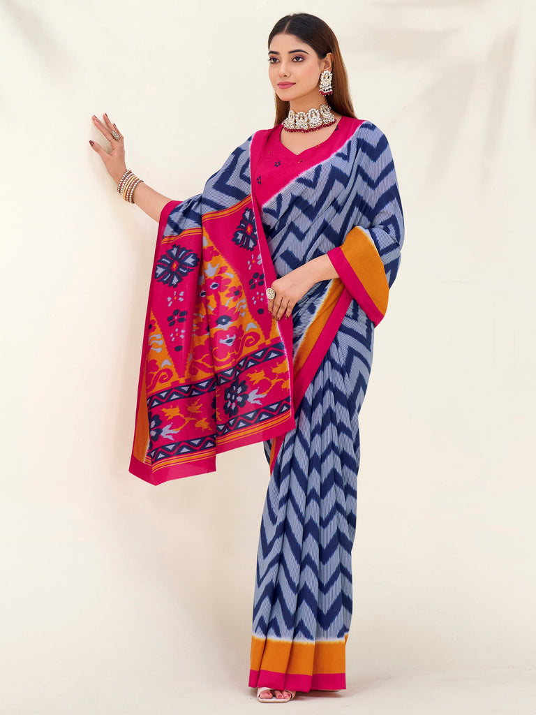Glowing Blue Printed Silk Casual Wear Saree With Blouse
