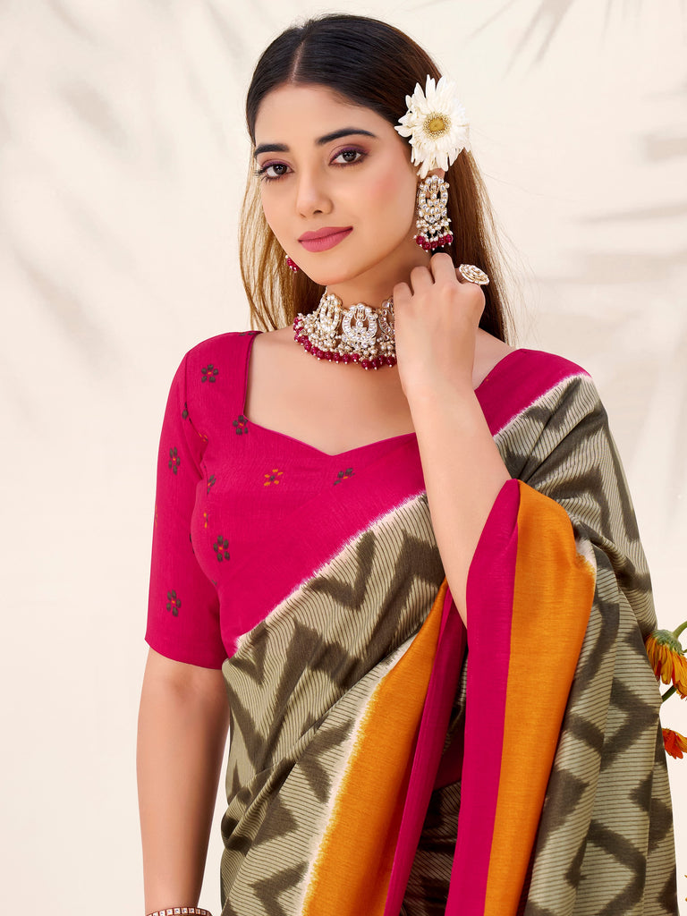 Elegant Green Printed Silk Casual Wear Saree With Blouse