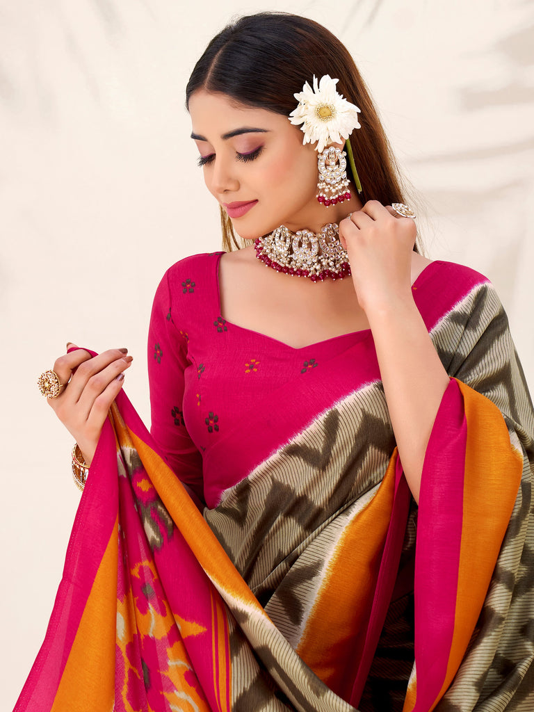 Elegant Green Printed Silk Casual Wear Saree With Blouse