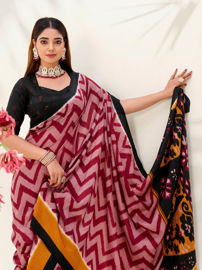 Captivating Maroon Printed Silk Festive Wear Saree With Blouse
