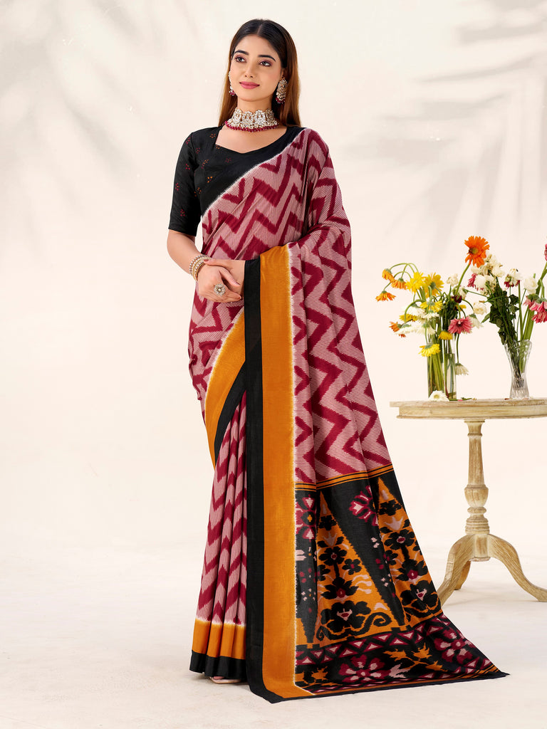 Captivating Maroon Printed Silk Festive Wear Saree With Blouse