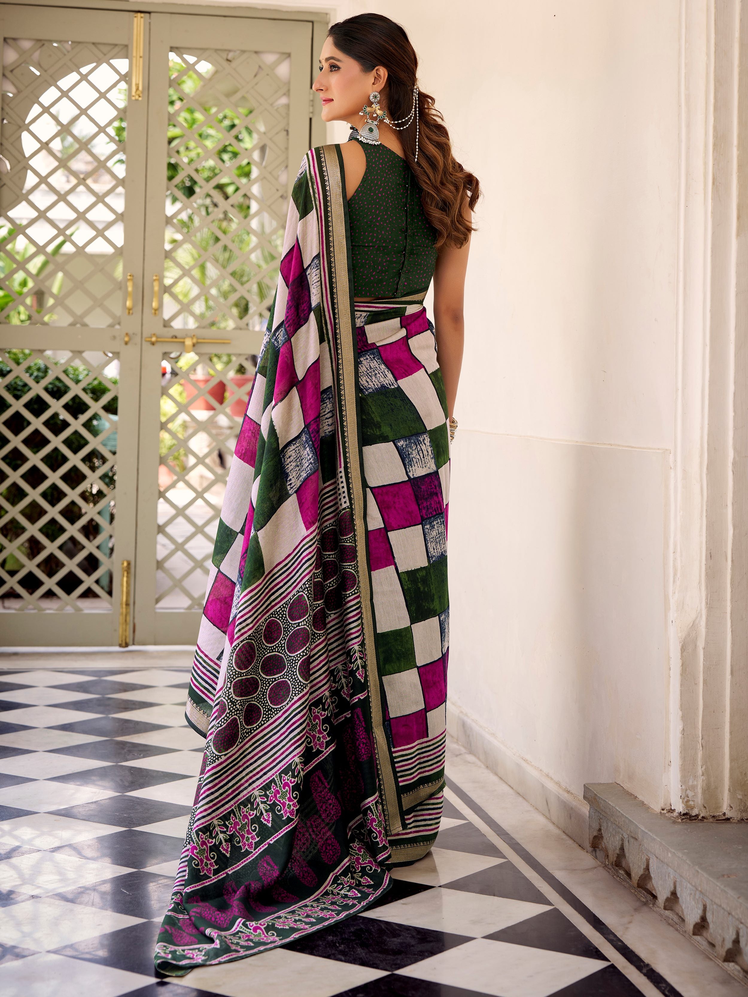 Lovely Green Digital Printed Polyester Office Wear Saree With Blouse