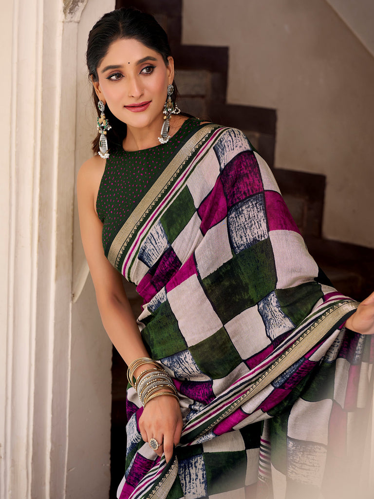 Lovely Green Digital Printed Polyester Office Wear Saree With Blouse