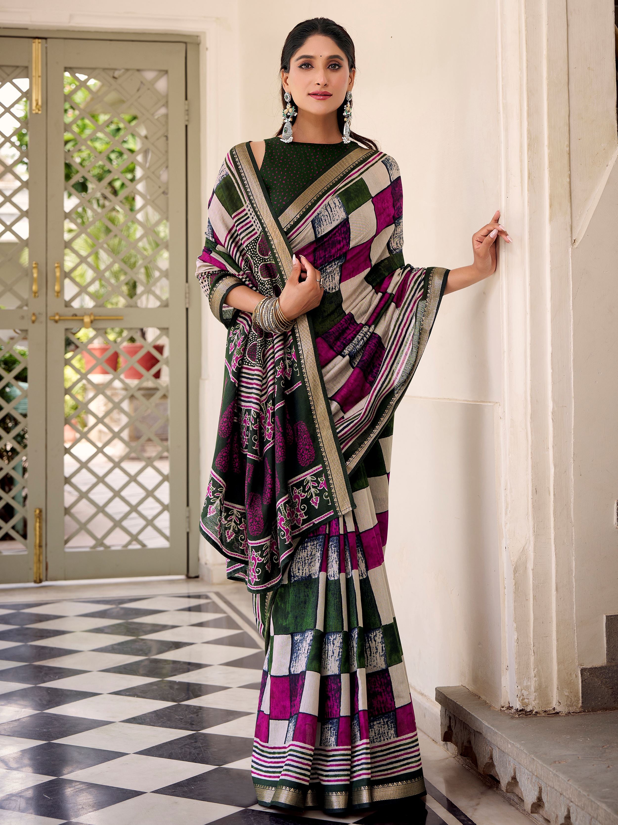 Lovely Green Digital Printed Polyester Office Wear Saree With Blouse