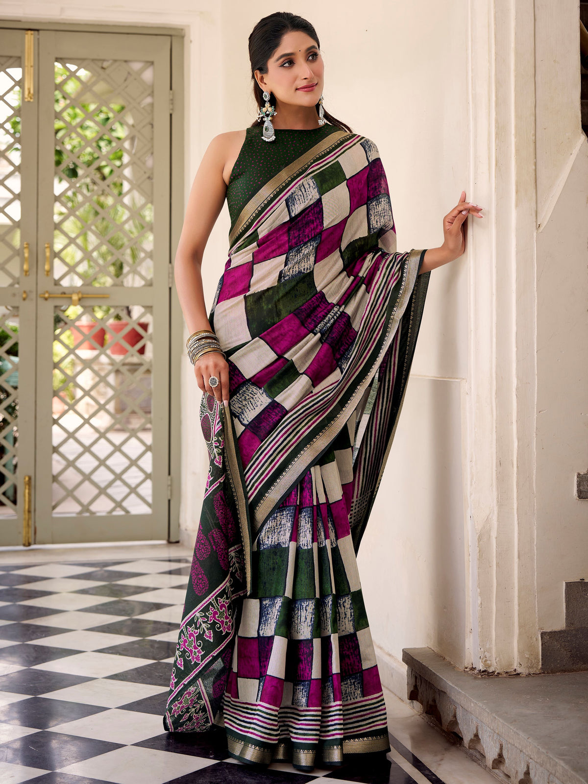 Lovely Green Digital Printed Polyester Office Wear Saree With Blouse