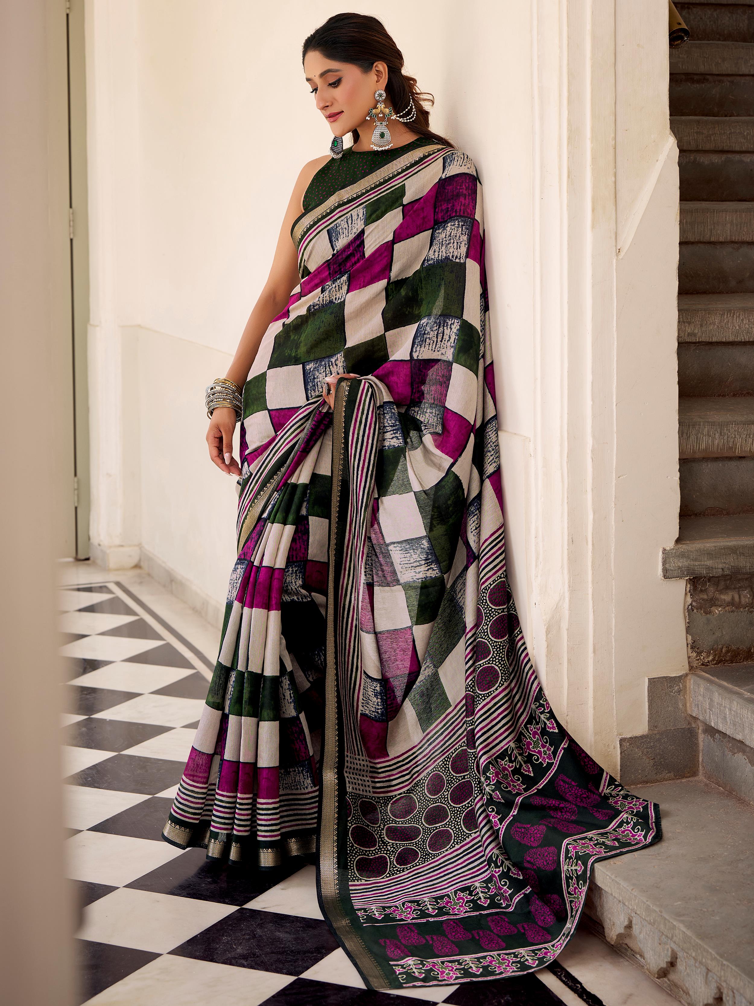 Lovely Green Digital Printed Polyester Office Wear Saree With Blouse