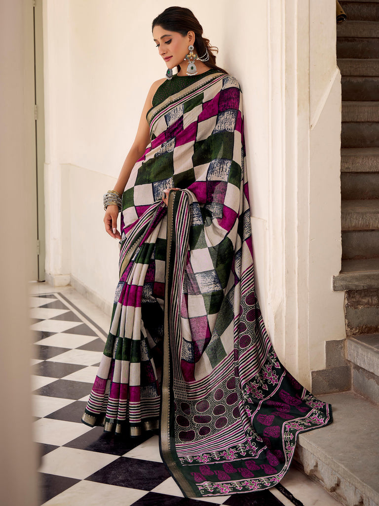Lovely Green Digital Printed Polyester Office Wear Saree With Blouse
