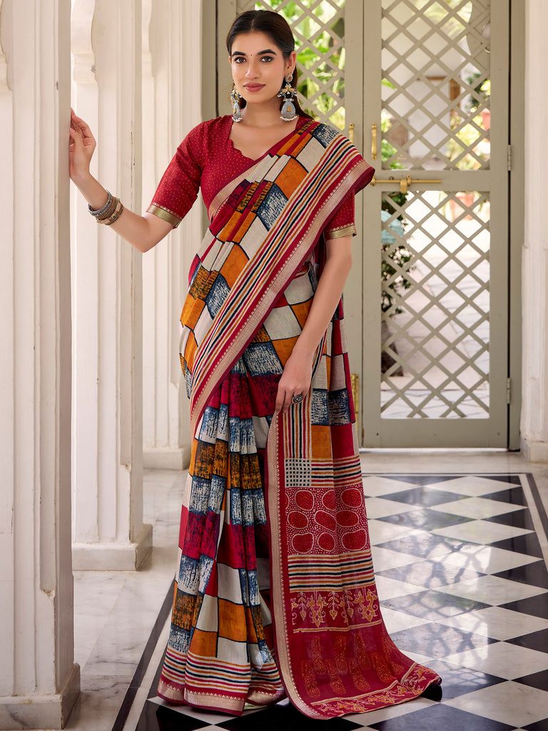 Stylish Maroon Digital Printed Polyester Casual Wear Saree With Blouse