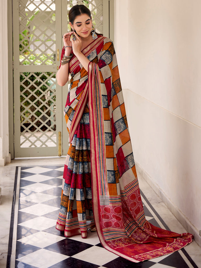 Stylish Maroon Digital Printed Polyester Casual Wear Saree With Blouse