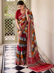 Stylish Maroon Digital Printed Polyester Casual Wear Saree With Blouse