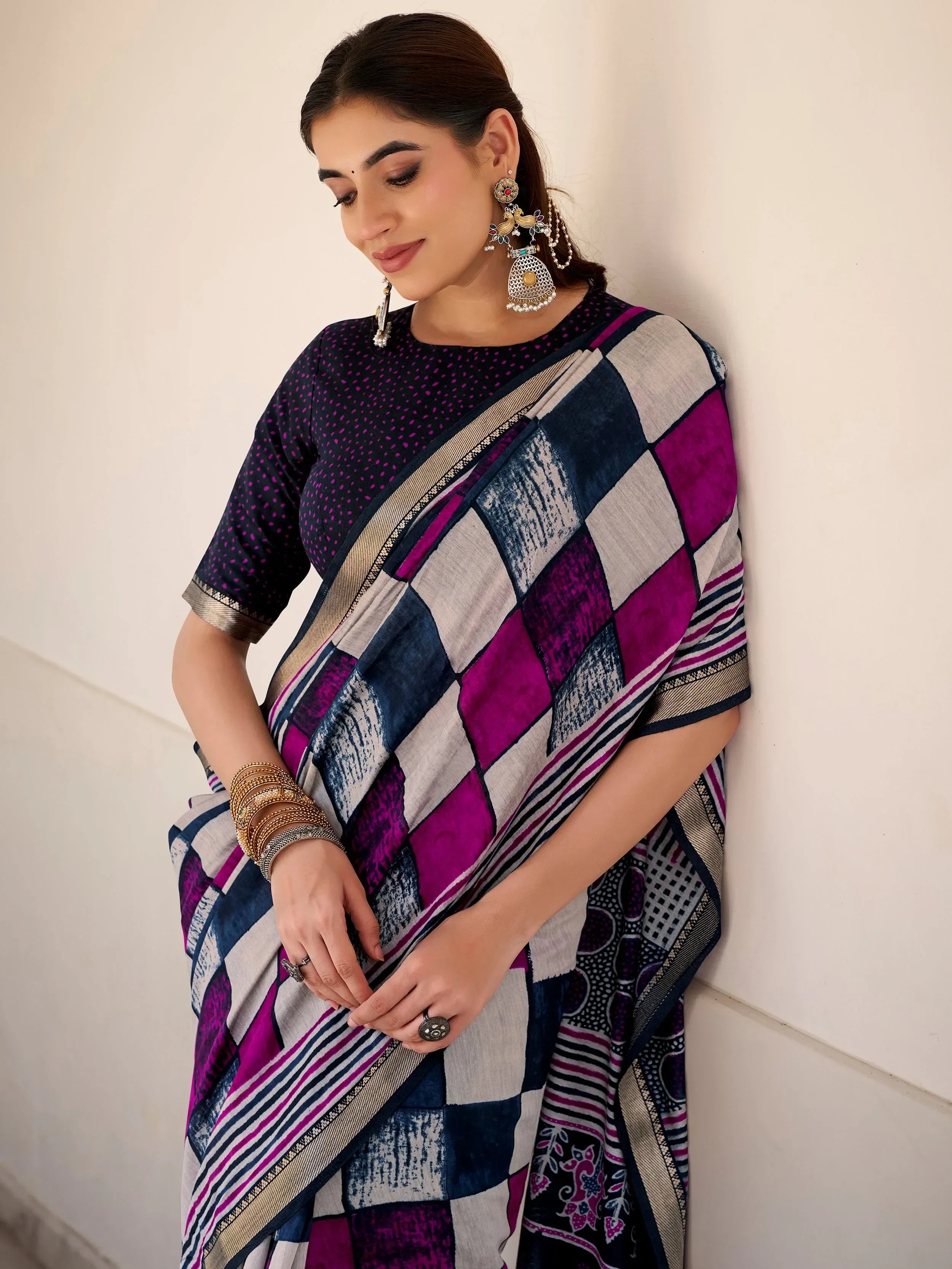 Fabulous Blue Digital Printed Polyester Casual Wear Saree With Blouse