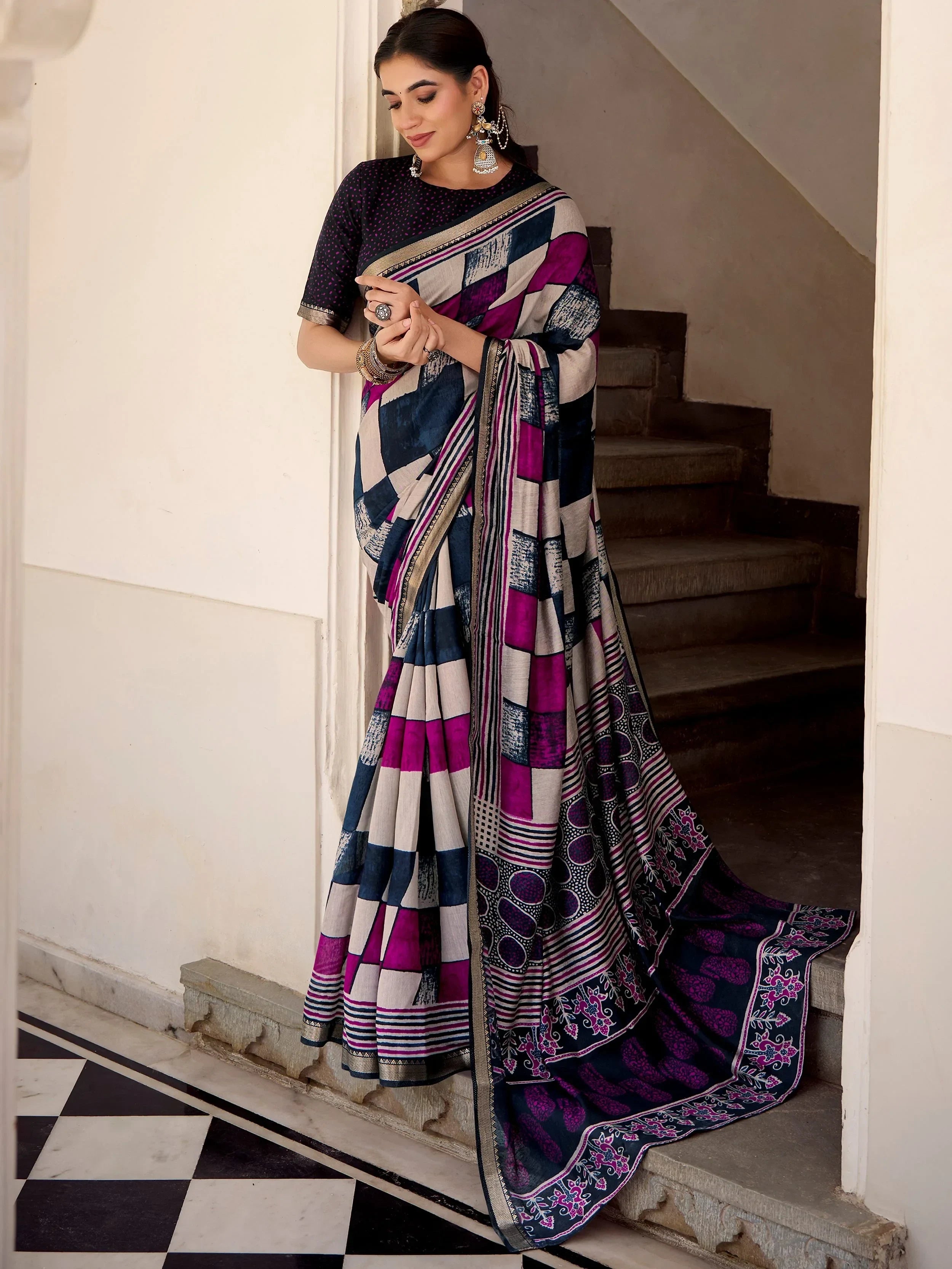 Fabulous Blue Digital Printed Polyester Casual Wear Saree With Blouse