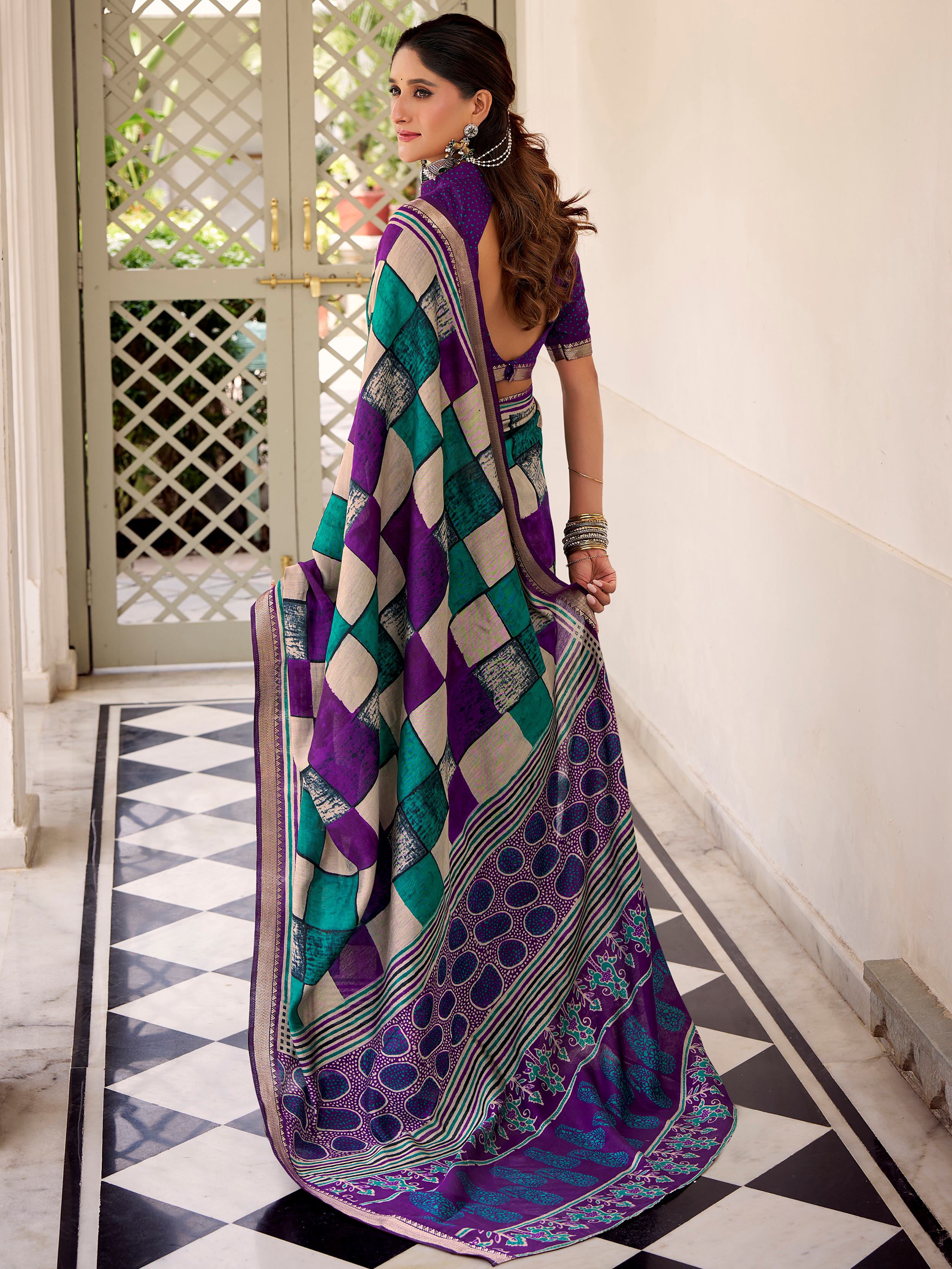 Pretty Purple Digital Printed Polyester Casual Wear Saree With Blouse