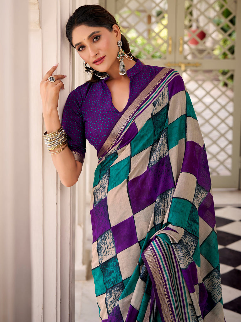 Pretty Purple Digital Printed Polyester Casual Wear Saree With Blouse