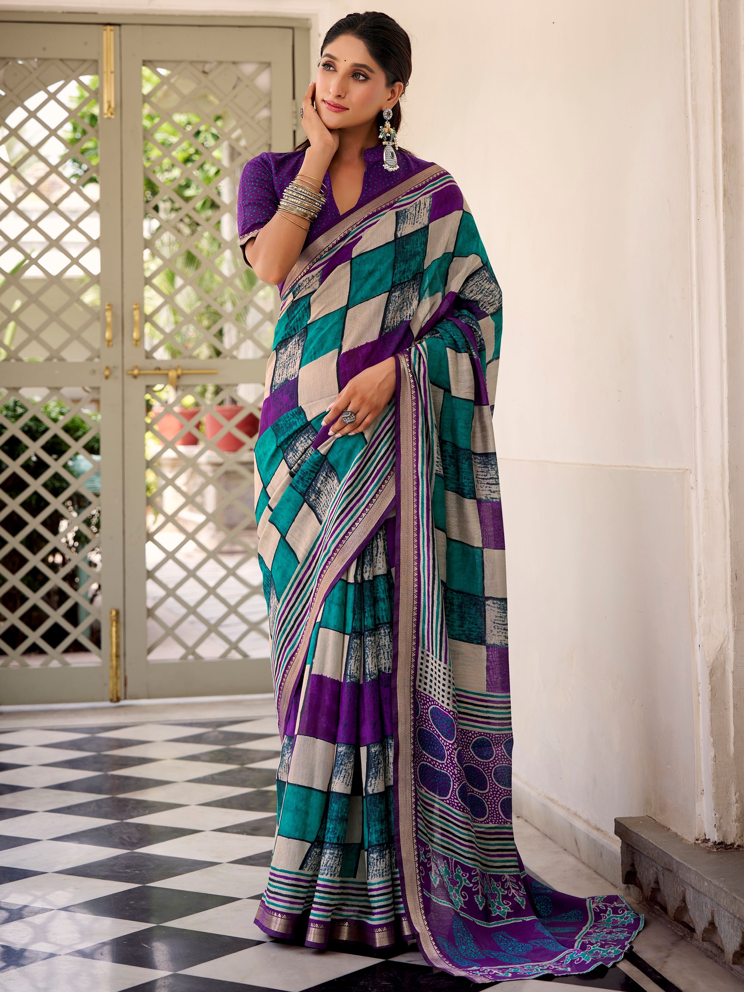 Pretty Purple Digital Printed Polyester Casual Wear Saree With Blouse