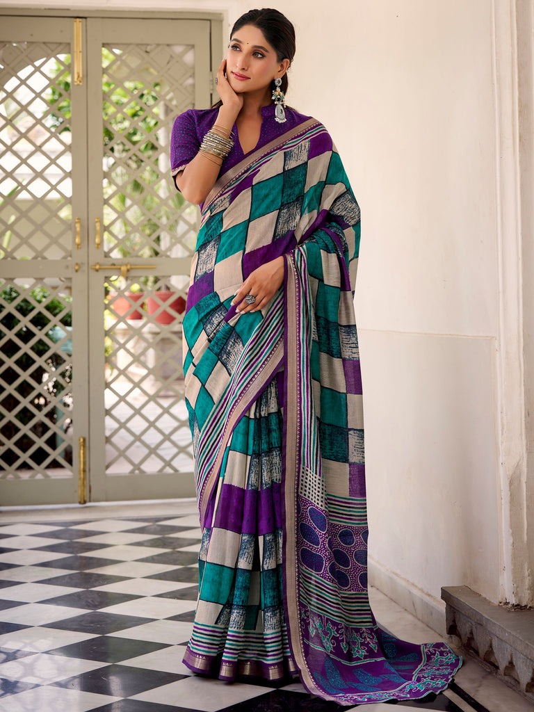 Pretty Purple Digital Printed Polyester Casual Wear Saree With Blouse