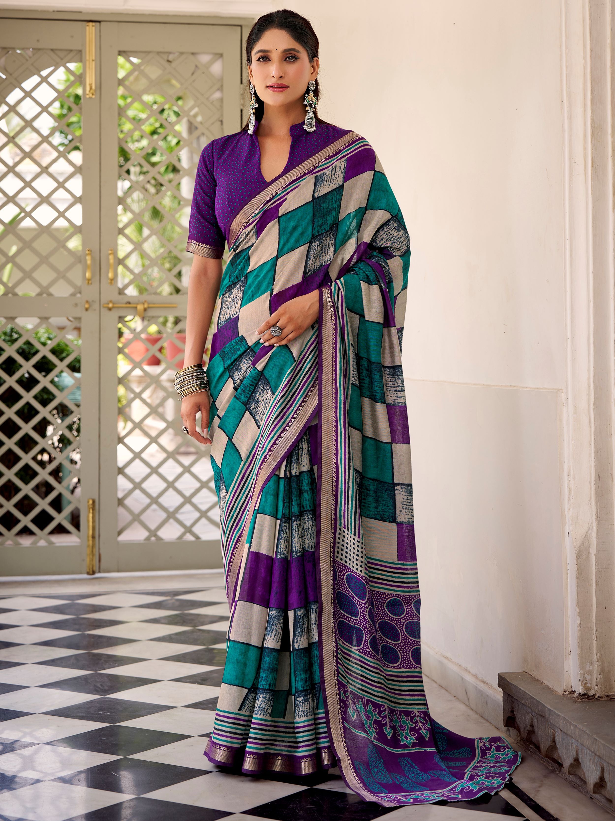 Pretty Purple Digital Printed Polyester Casual Wear Saree With Blouse