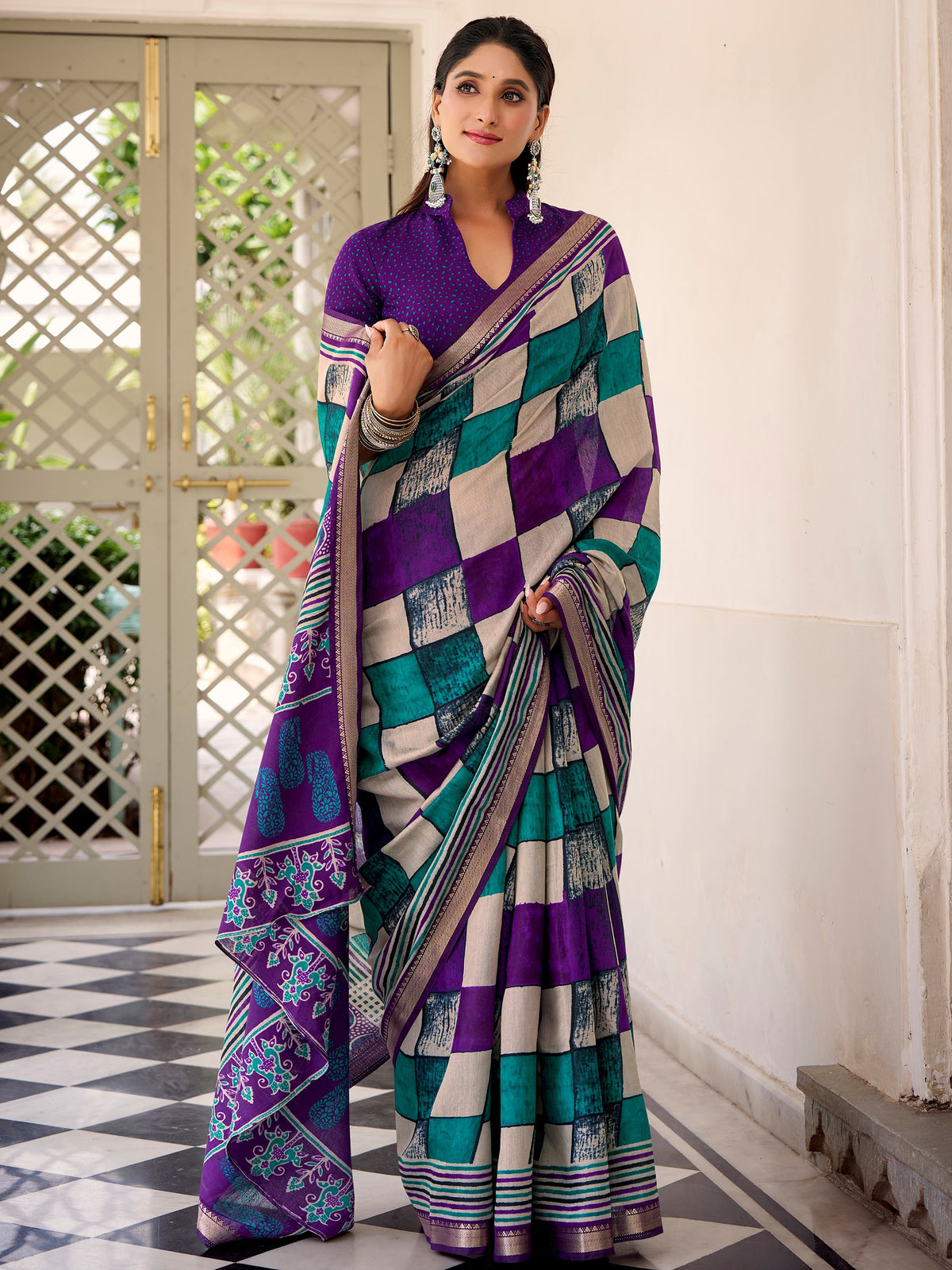 Pretty Purple Digital Printed Polyester Casual Wear Saree With Blouse