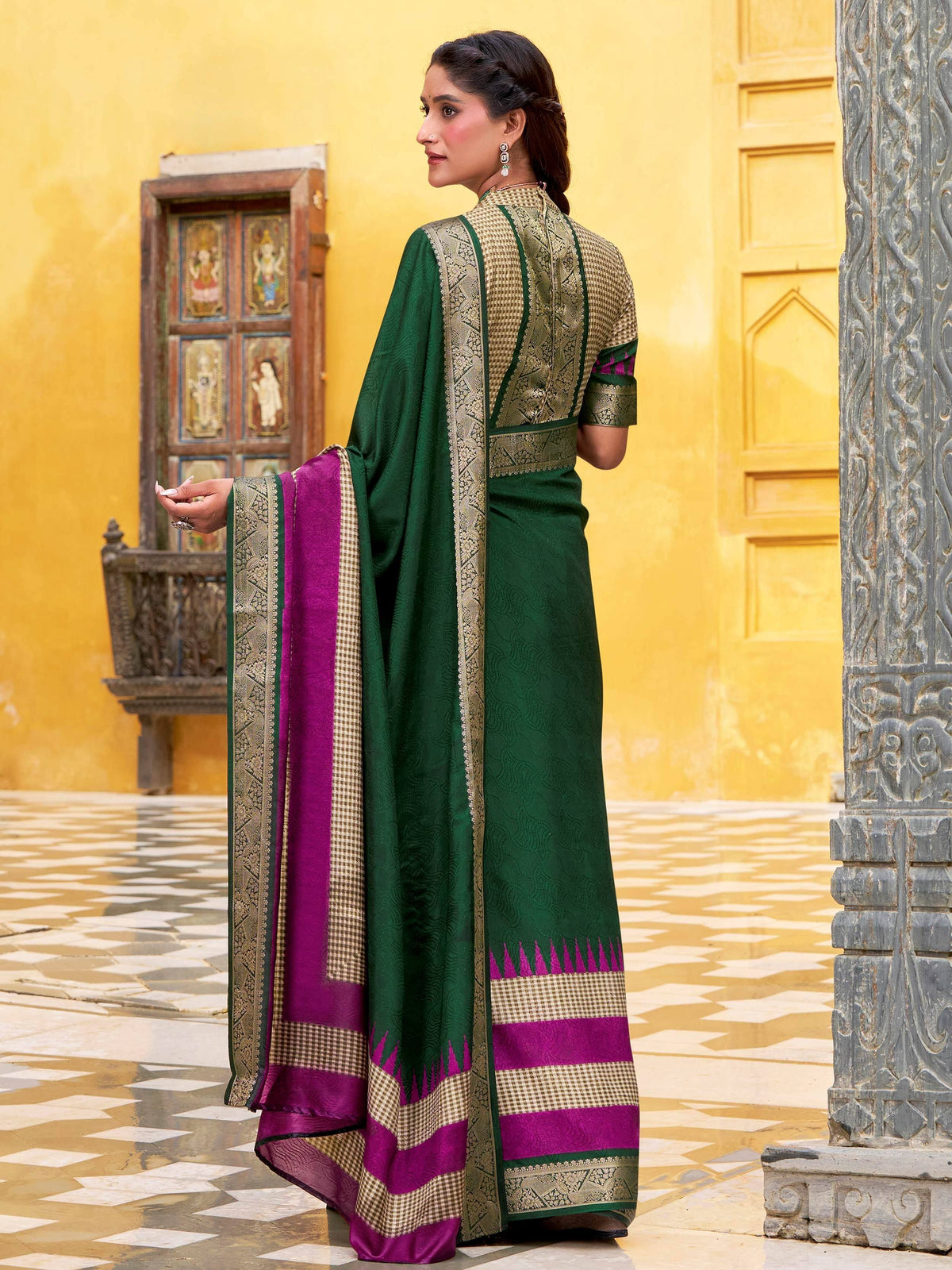 Green and purple designer saree with gold embroidery, traditional Indian ethnic wear