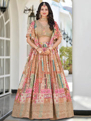 Lavishing Beige Chinon Silk Zari Embroidered Lehenga Choli