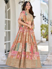 Lavishing Beige Chinon Silk Zari Embroidered Lehenga Choli