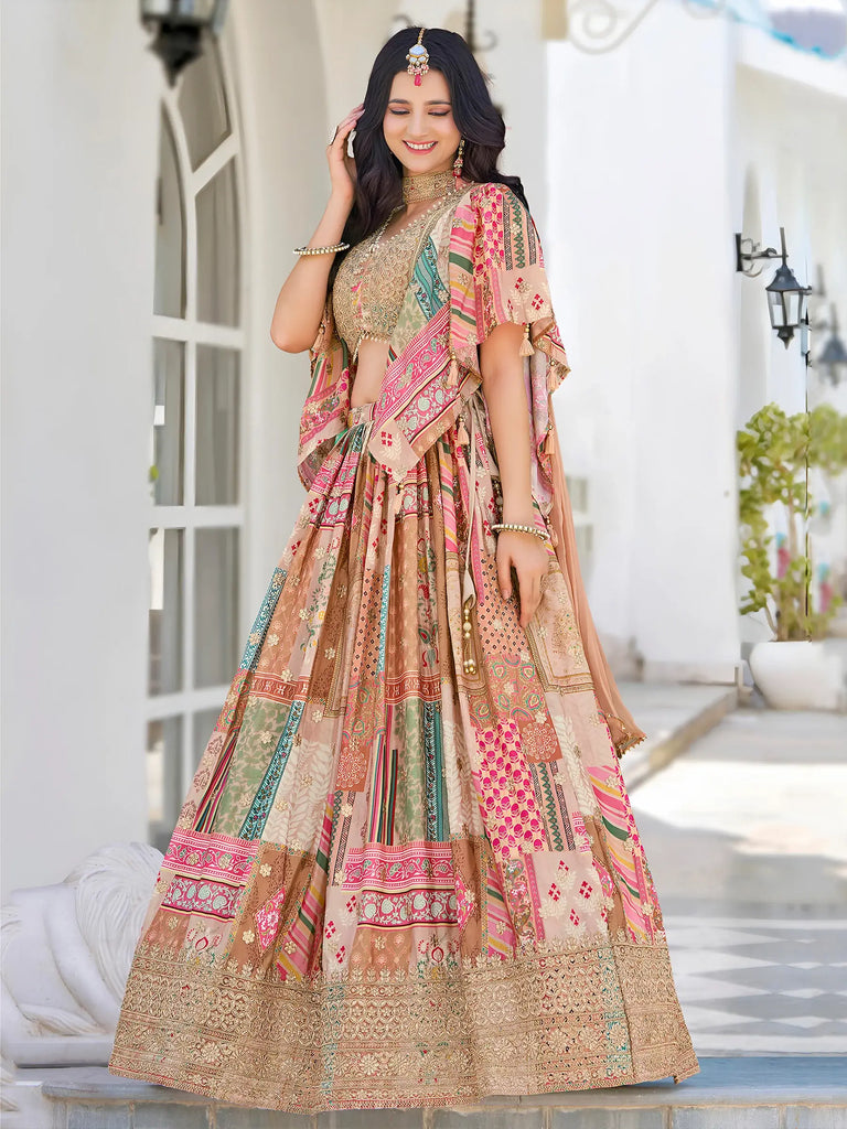 Lavishing Beige Chinon Silk Zari Embroidered Lehenga Choli