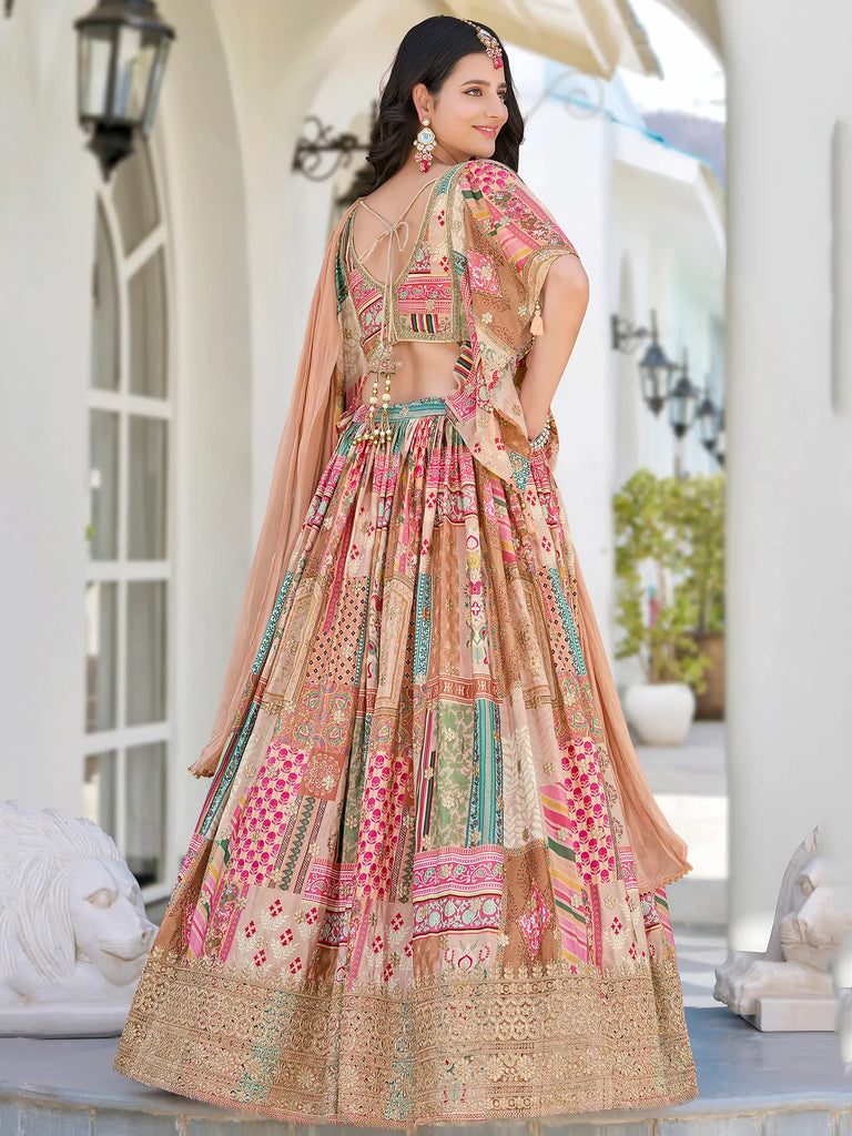 Lavishing Beige Chinon Silk Zari Embroidered Lehenga Choli