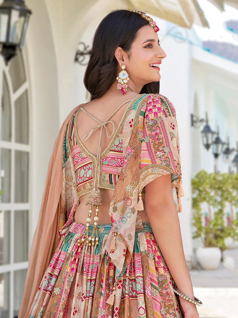 Lavishing Beige Chinon Silk Zari Embroidered Lehenga Choli