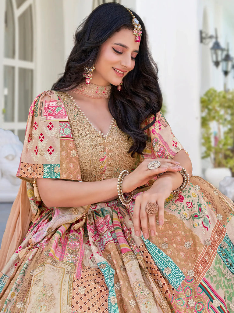 Lavishing Beige Chinon Silk Zari Embroidered Lehenga Choli