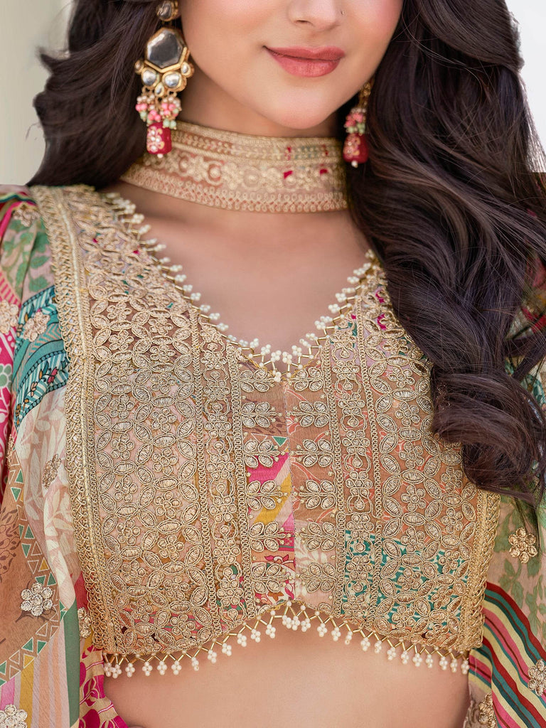 Lavishing Beige Chinon Silk Zari Embroidered Lehenga Choli