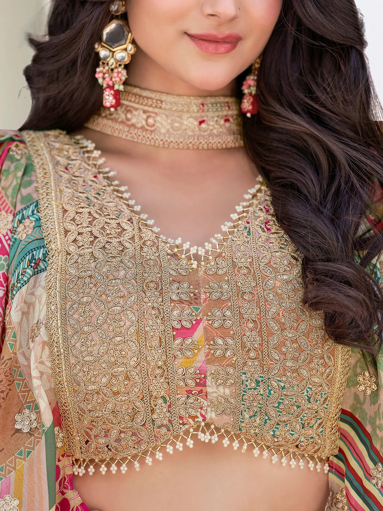 Lavishing Beige Chinon Silk Zari Embroidered Lehenga Choli