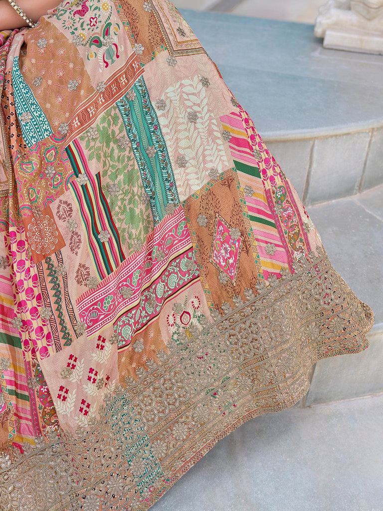 Lavishing Beige Chinon Silk Zari Embroidered Lehenga Choli