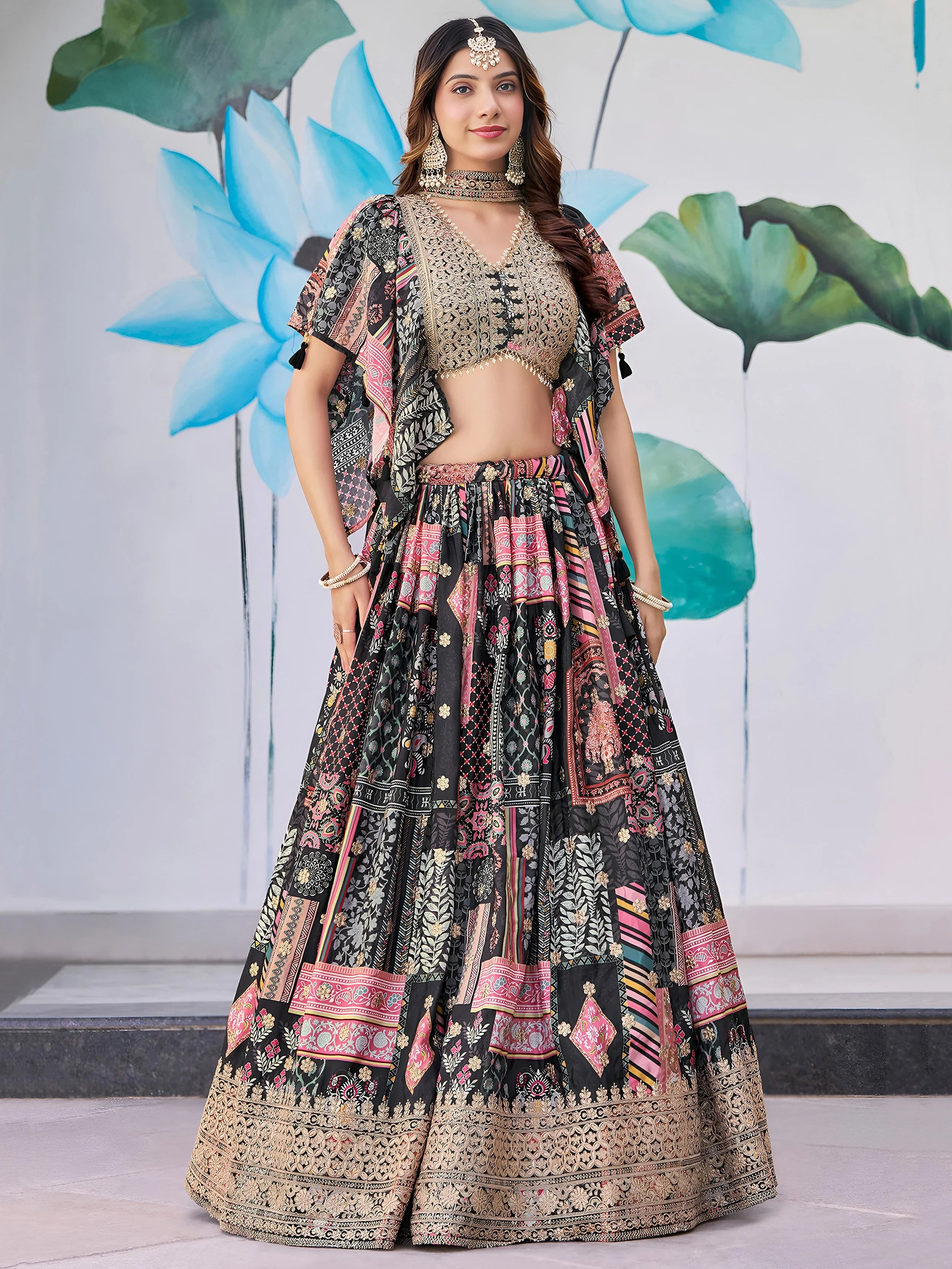 Glamorous Black Chinon Digital Printed Party Wear Lehenga Choli