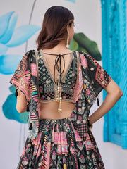 Glamorous Black Chinon Digital Printed Party Wear Lehenga Choli