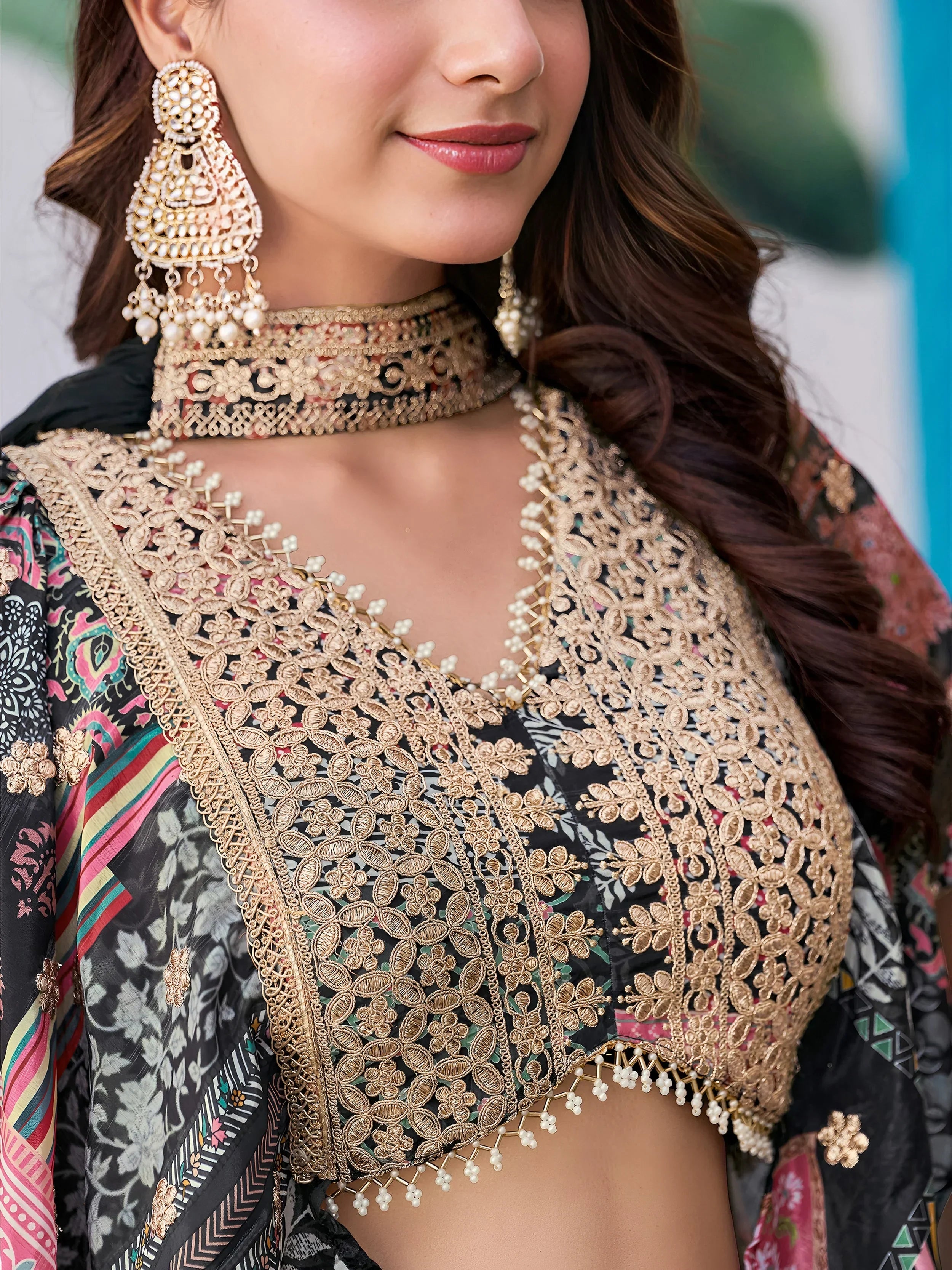 Glamorous Black Chinon Digital Printed Party Wear Lehenga Choli