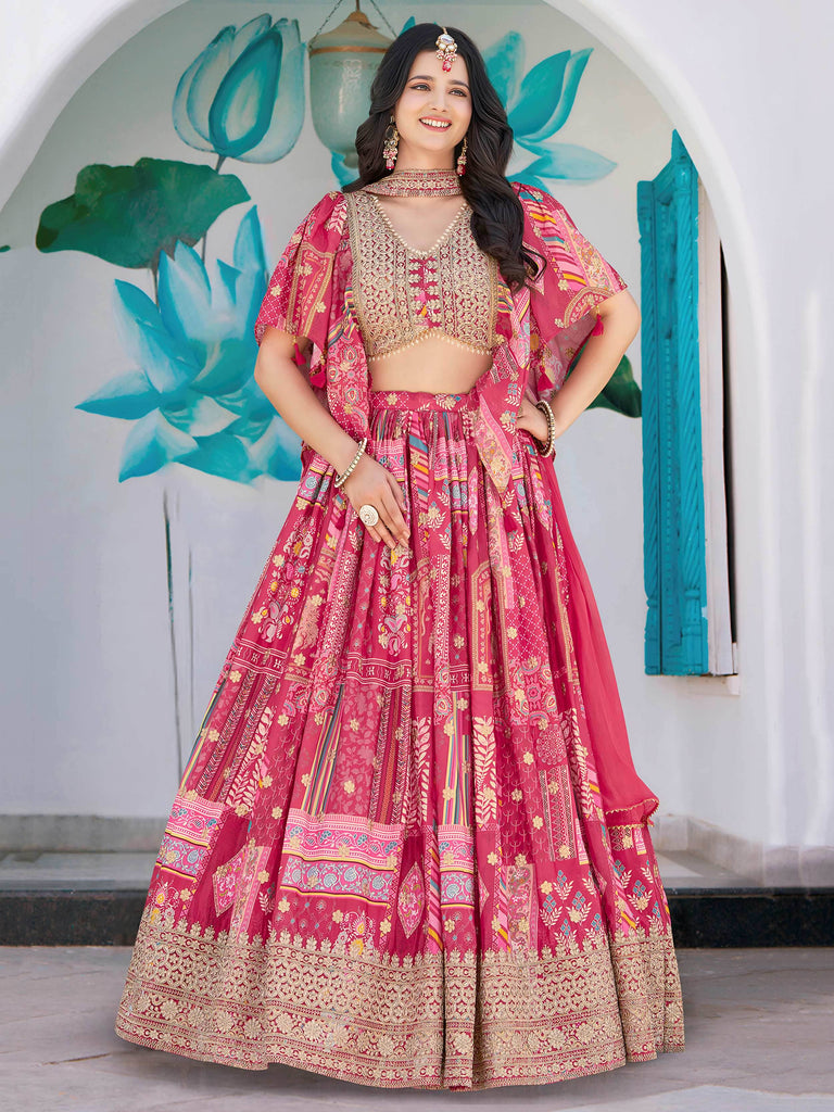 Attractive Pink Chinon Thread Embroidered Wedding Wear Lehenga Choli