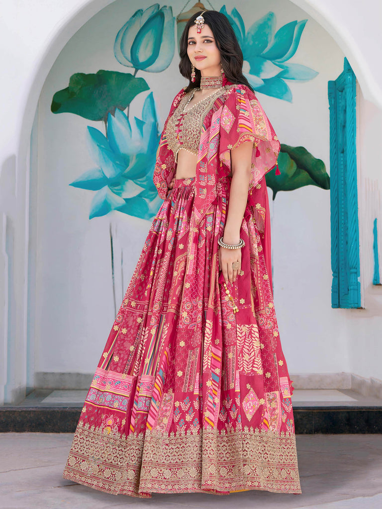 Attractive Pink Chinon Thread Embroidered Wedding Wear Lehenga Choli