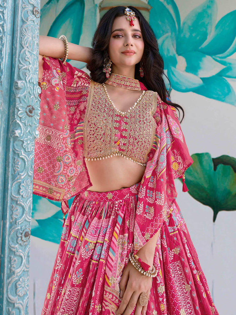Attractive Pink Chinon Thread Embroidered Wedding Wear Lehenga Choli